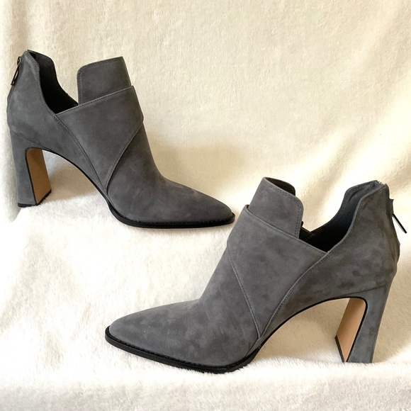 Gray Suede Sculpted Block Heel Booties | Pointed Toe | Buckle Detail Sz 10M - Picture 3 of 16